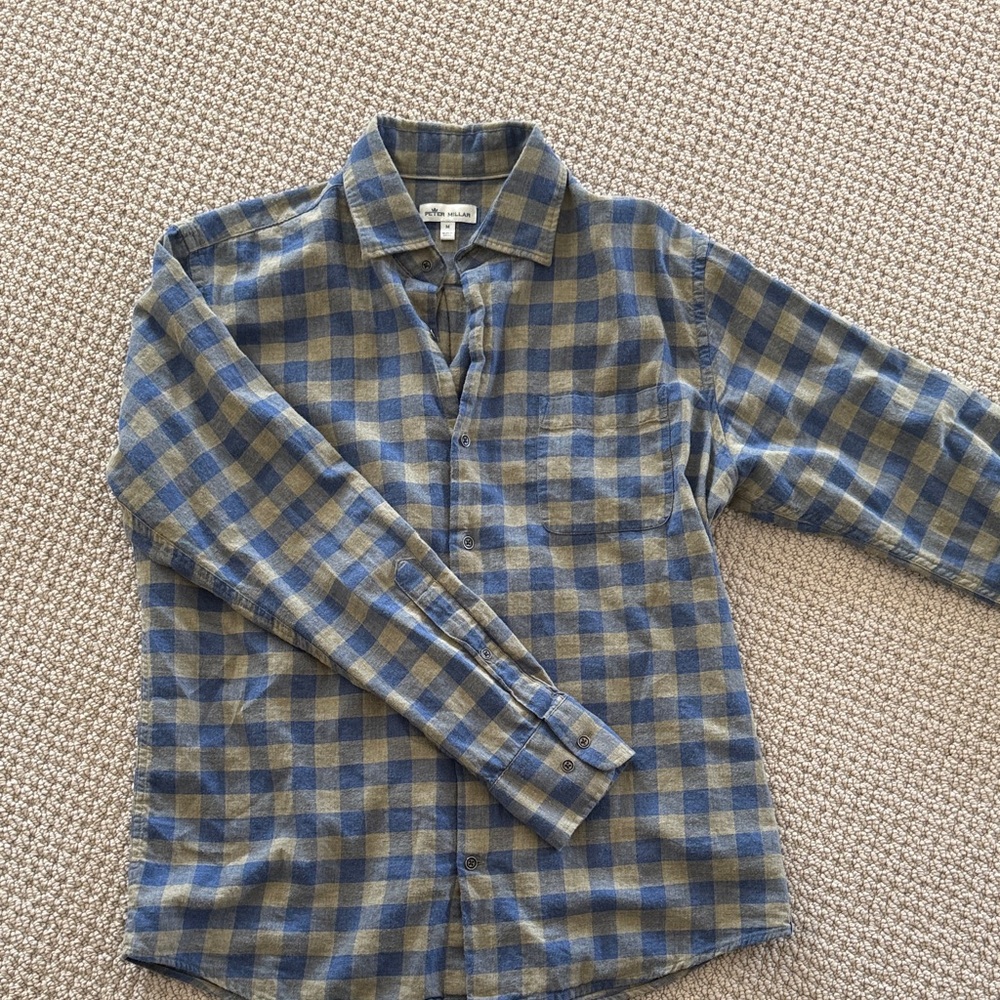 Peter Millar Blue and Olive Green Plaid Button-Down Shirt